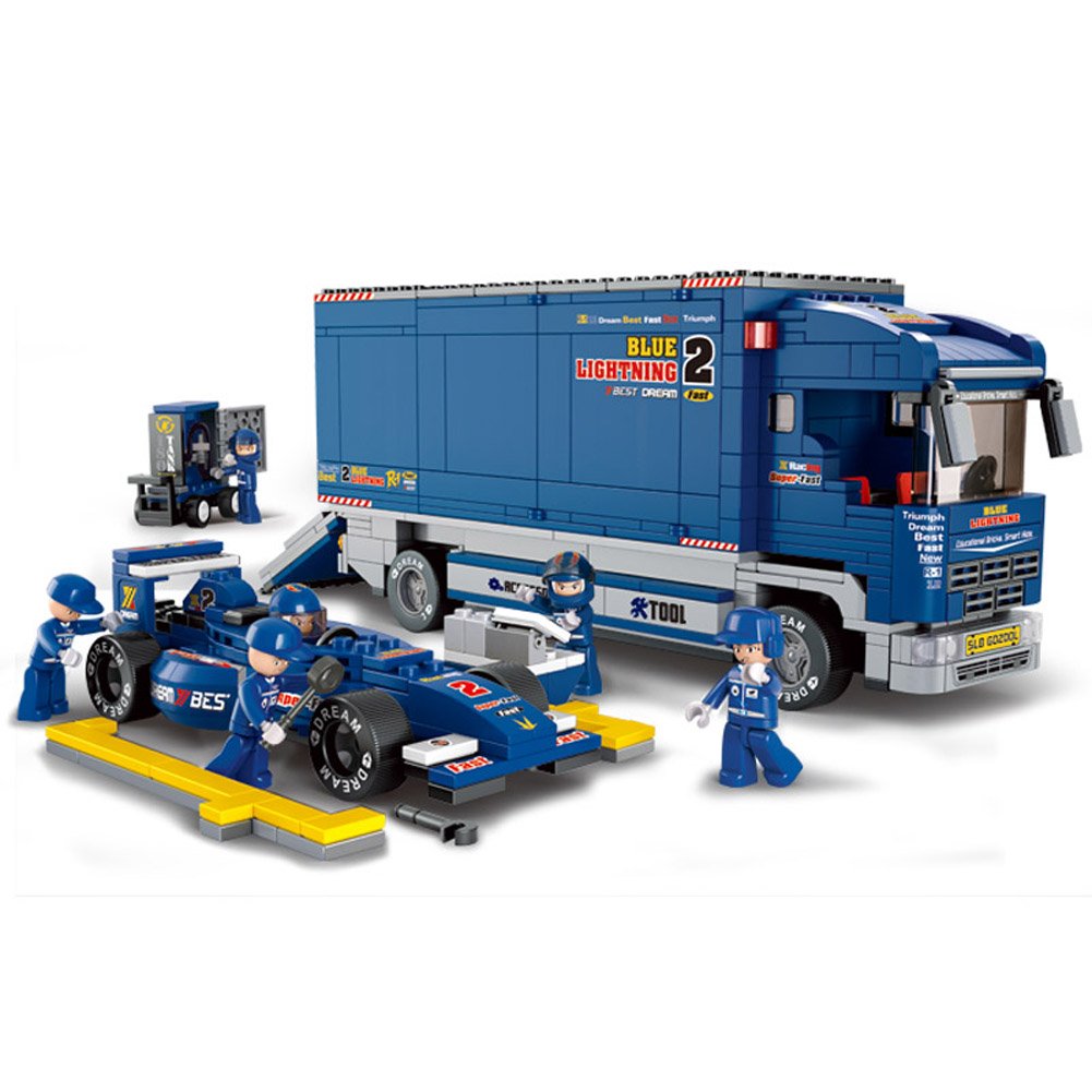 Sluban M38-B0357 Formula Blocks Bricks Toy-F1 Racing Light Blue and Transporter