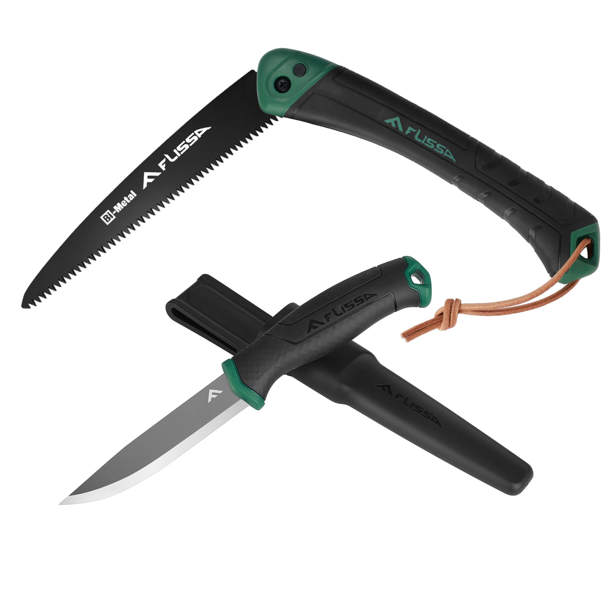 FLISSA Outdoor Messer & Handsäge Set, Jagdmesser feststehende Klinge mit Scheide, Astsäge klappbar mit Sicherheitsverschluss, Klingenlänge 105mm, Sägeblattlänge 180 mm, Für Outdoor, Camping, Garten