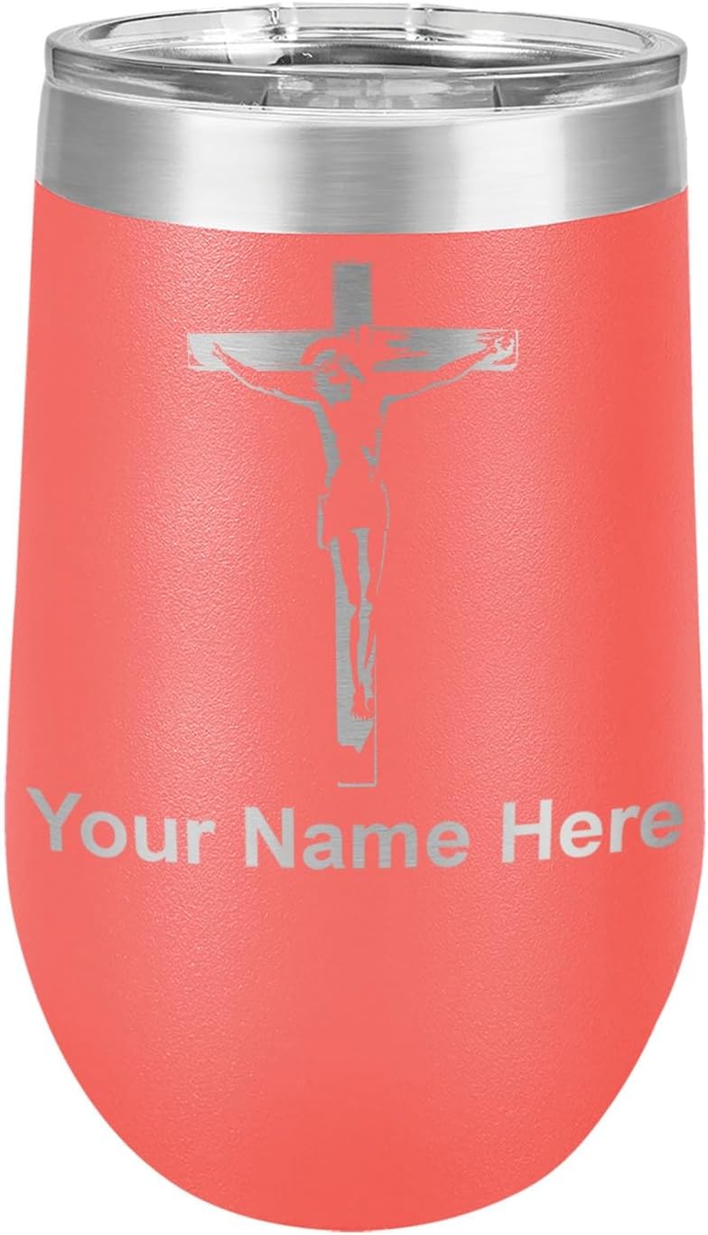 LaserGram 16oz Double Wall Stainless Steel Wine Glass Tumbler, Jesus on the Cross, Personalized Engraving Included (Black)
