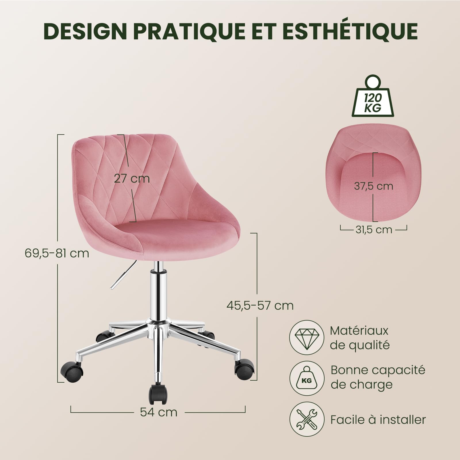 Chaise Coiffeuse à Roulettes avec Dossier Réglable en Hauteur, Tabouret Pivotant en Velours Rose pour Bureau