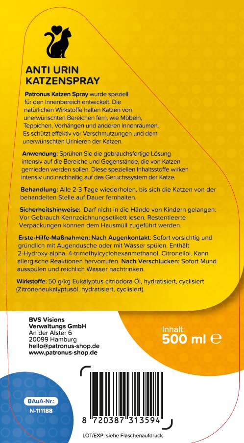 Katzen-Abwehrspray gegen Urinieren & Kratzen 500ml - Fernhaltespray für Innen gegen Katzen mit Sofort- & Langzeitwirkung - inkl. Knabberschutz - hochwirksam