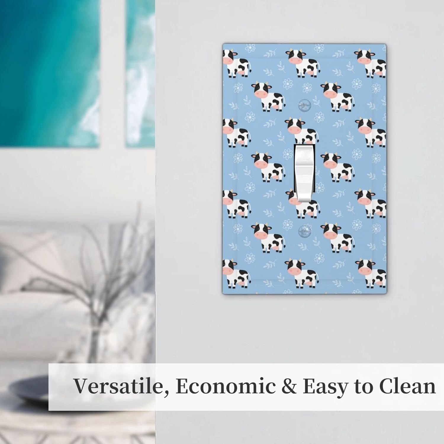 Light Switch Cover Plate Cute Cows White Floral Leaf Blue 1 Gang Single Toggle Decorative Switch Plates Wall Plates Electrical Faceplate for Bathroom Bedroom Decor