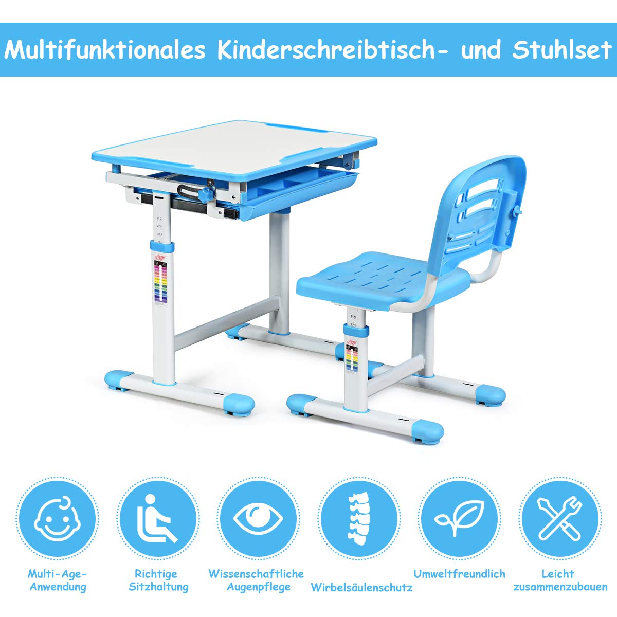 COSTWAY Kinderbureau, in hoogte verstelbaar, kindermeubel, kantelbaar