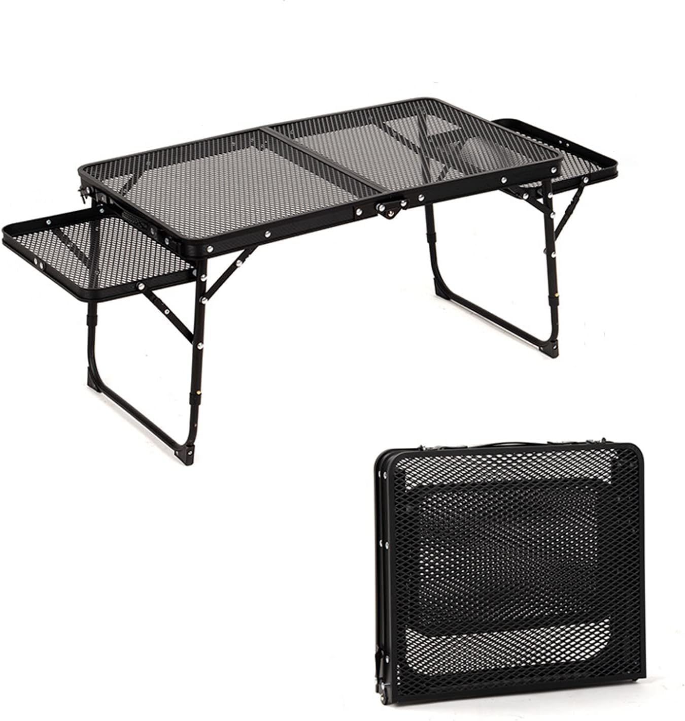 VBM Folding Camping Table with Grill Mesh & 2 Wing Panels, Height Adjustable Portable Aluminum Picnic BBQ Table, Double Layer Outdoor Travel Table with Handle for Beach, Camping & Picnic-image-14