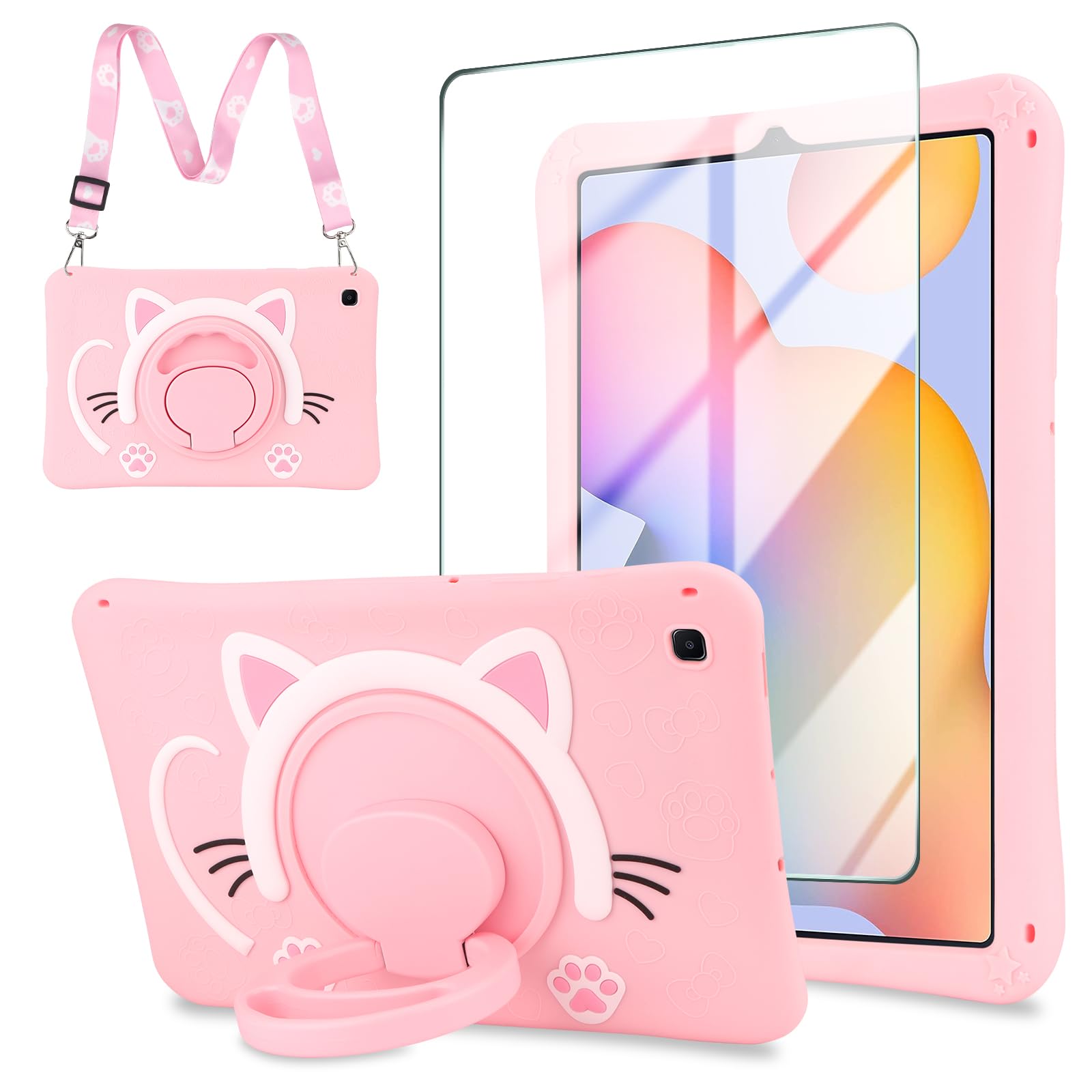 WESADNfor Samsung Galaxy Tab S6 Lite Case (SM-P610/P613/P615/P619) 10.4 inch with Screen Protector/ 360° Rotating Kickstand Cute Tablet Cover for Girls Kids for Galaxy Tab S6 Lite 2022 2020 Pink