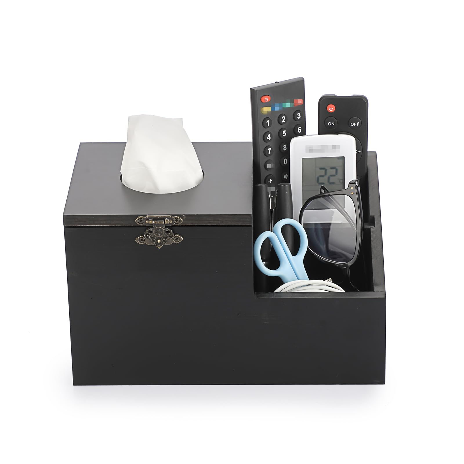 Sumnacon Tissue Box Cover Square Wood Tissue Box with Hinged Lid Multi-Functional Tissue Box Holder with Storage,Rustic Tissue Holder for Living Room Bathroom Bedroom Kitchen Office Table Desk,Black