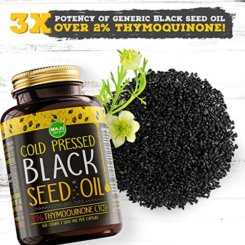 MAJU's Black Seed Oil Capsules - Cold Pressed, 3X% Thymoquinone, 100% Turkish Black Cumin Nigella Sativa Seed Oil, Organic BSO, Non-GMO, 100% Liquid Pure Blackseed Oil