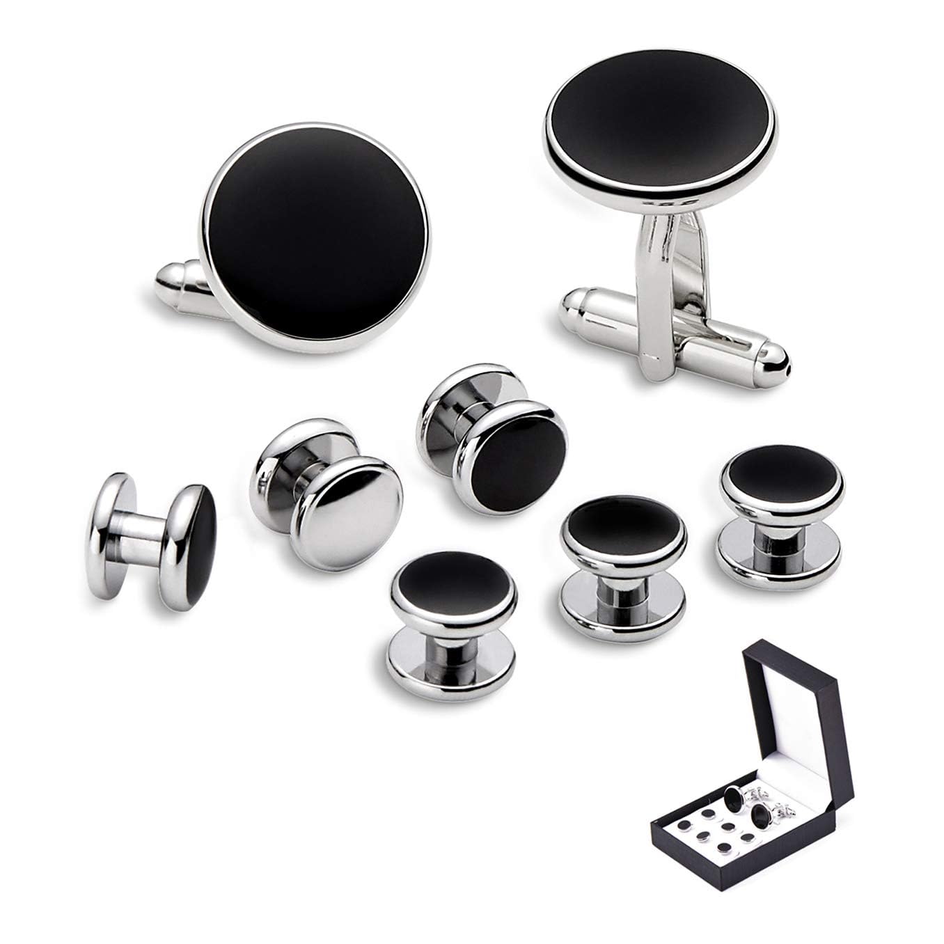 Men's Cufflinks & Tuxedo Studs Set - 316L Stainless Steel Formal Wedding Jewelry, Groomsmen Gift Set with Gift Box 8-Piece