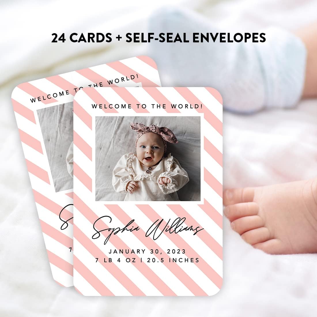 Andaz Press 24-Pack Personalized 5x7-Inch Baby Photo Announcement Cards with Envelopes, Pink Stripes Custom Baby Birth Announcement Stat Cards