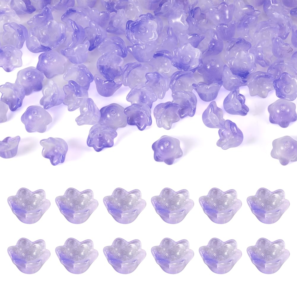 100Pcs Two Tone Transparent Spray Painted Glass Bell Flower Beads Spacer Beads Caps with Hole for DIY Jewelry Making, Lilac