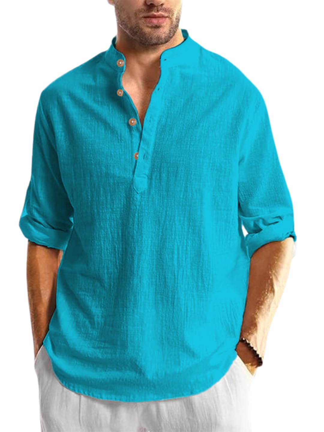 Tokyo Talkies Cotton Blend Solid Casual Slim Fit Mandarin/Chinese Collor Short Kurta for Men (KRTBTN40) in neutral