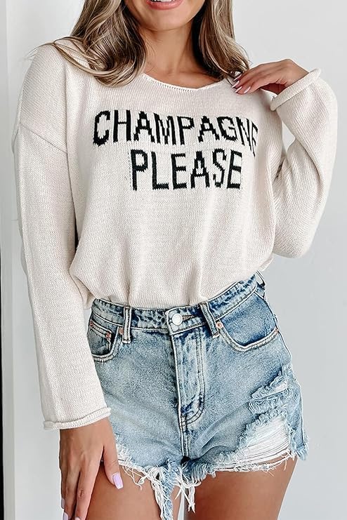 Champagne Please Graphic Pullover Sweaters for Women Crewneck Sweatshirt Long Sleeve Side Slit Knit Top Oversized Sweater - Image 6