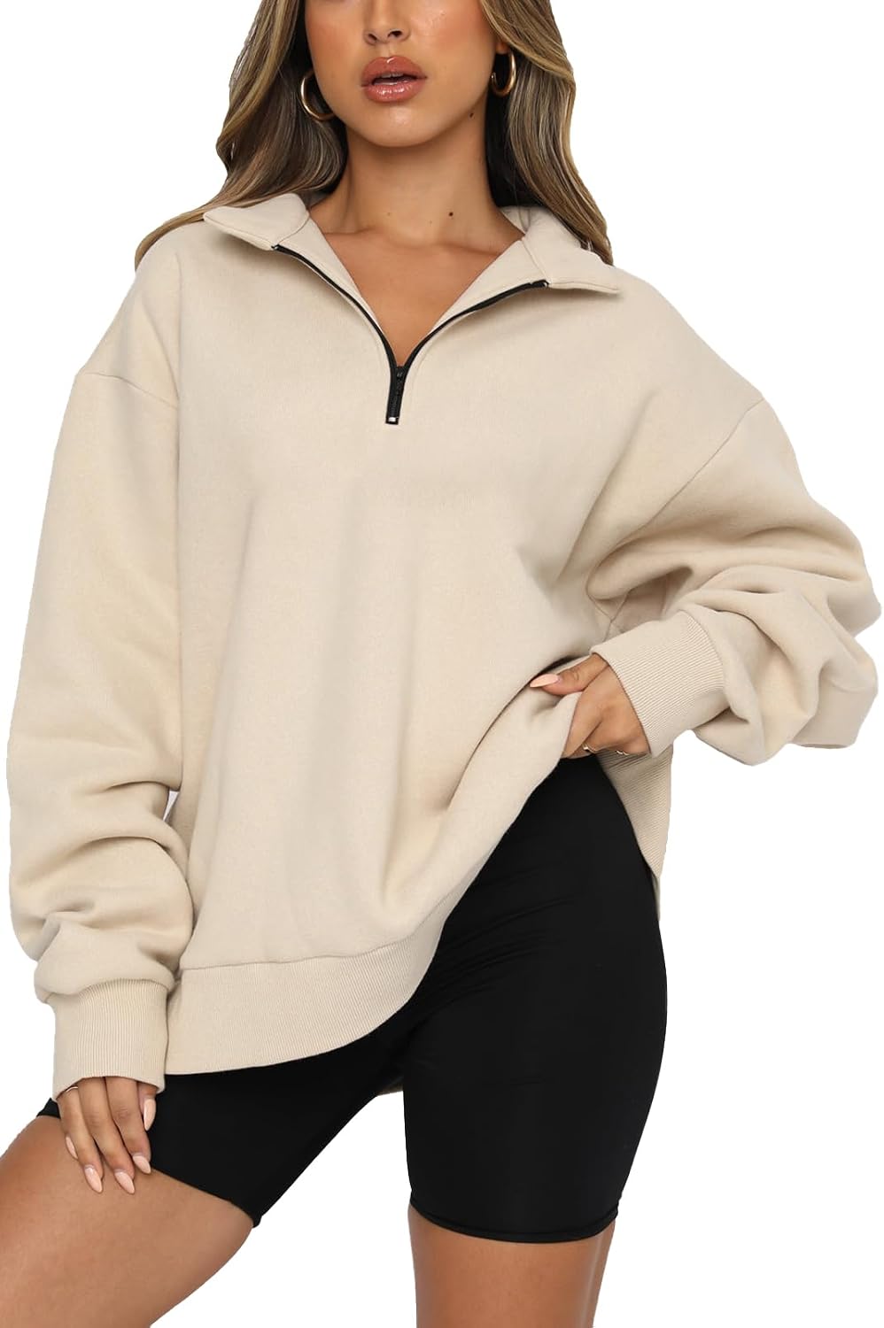 NEYOUQE Women’s Half-Zip Sweatshirt: Cozy V-Neck Pullover for Winter and Fall Long Sleeve Outfits