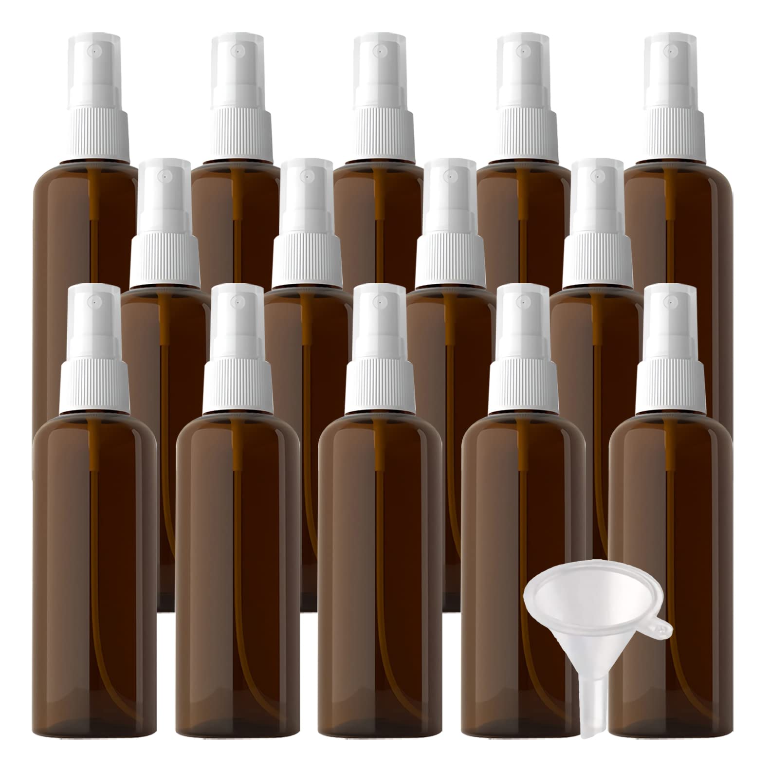 50 Stück Leer Klein 100ml Braun Plastik PET Sprühflasche Reise Zerstäuber mit Weiß Sprühkopf Nebel Reiseflaschen Parfümzerstäuber für Kosmetik Parfüm mit 4x Trichter