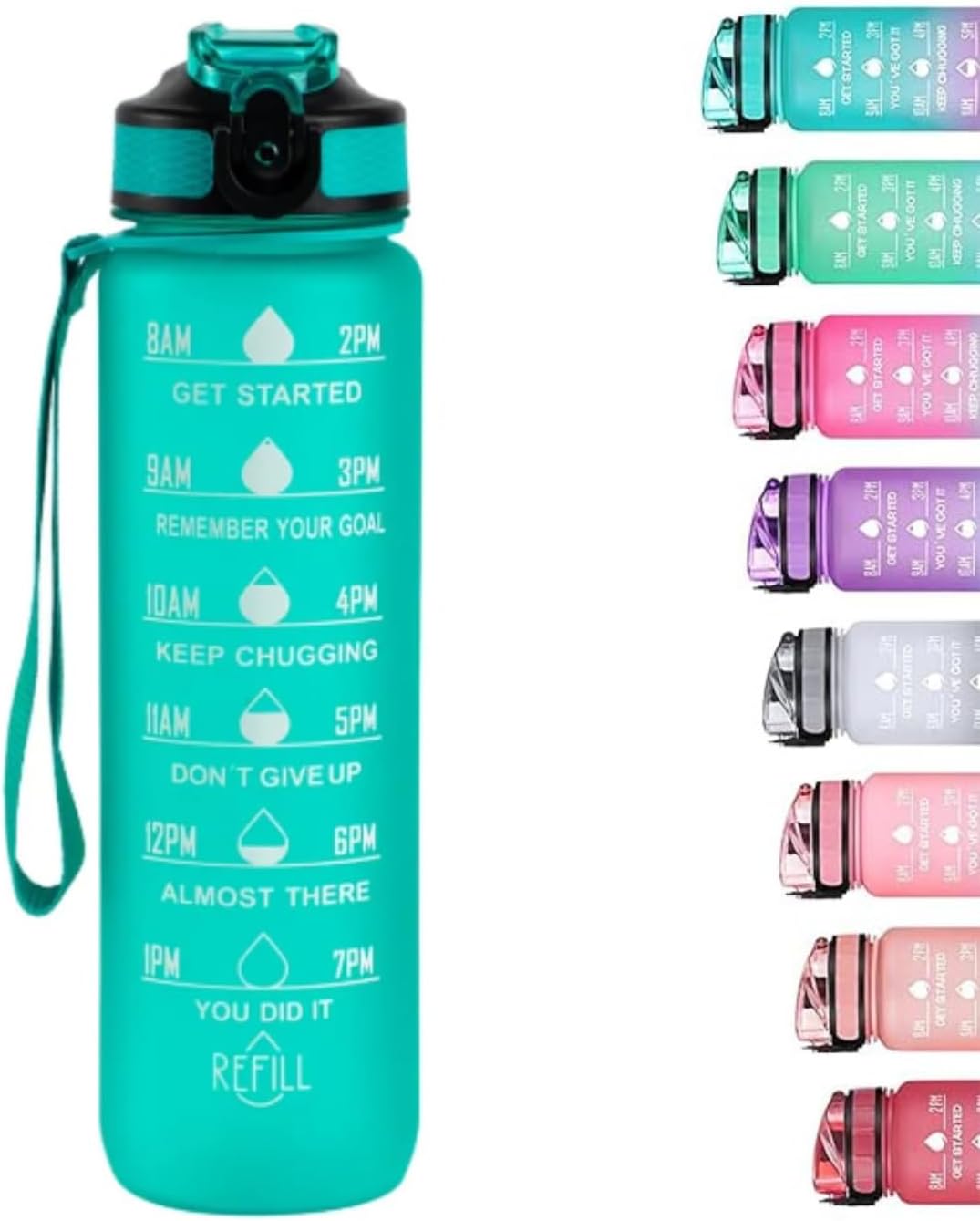 1L Motivational Sipper Water Bottle with Straw & Time Marker | Leakproof BPA-Free Plastic Sports Bottle for Gym, Office, School, Home & Outdoor (Cool Green)