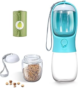 3 in 1 Portable Dog Water Bottle with Food Container and Waste Bag, Multifunctional Pet Travel Water Dispenser Water Bottle for outside, Detachable Design Combo Cup for Drinking and Eating,Suitable for Cats and Puppy