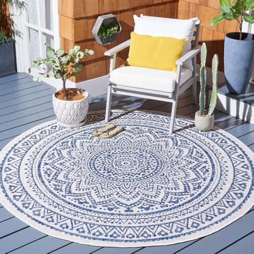 SAFAVIEH Courtyard Outdoor Round Rug 6'7", Boho Ivory & Navy CY8734-53412