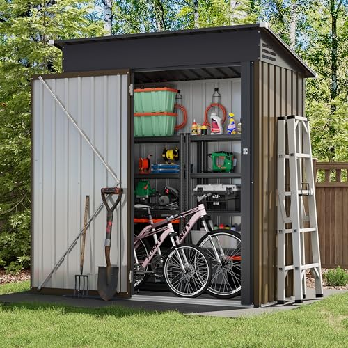 UDPATIO Abri de Jardin Métal 164x101x181 cm - Cabane de Jardin Extérieur avec Toit Incliné et Serrure, Rangement Outils de Jardin/Vélo, Marron
