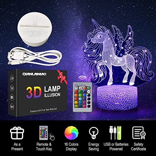 QIANLAINIAO Luce Notturna Unicorno per Bambini, Lampada Unicorno 3D 16 Colori Cambiano con Telecomando, Regali Unicorno Giocattolo per Ragazze, Decorazione di Compleanno Natale Luci Unicorno