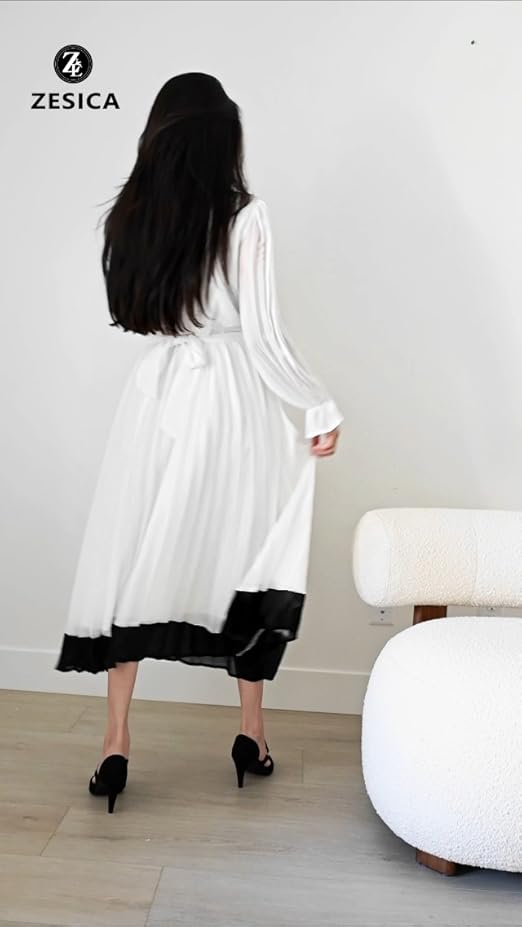 ZESICA Women's Spring Long Sleeve Chiffon Dress Casual Crew Neck