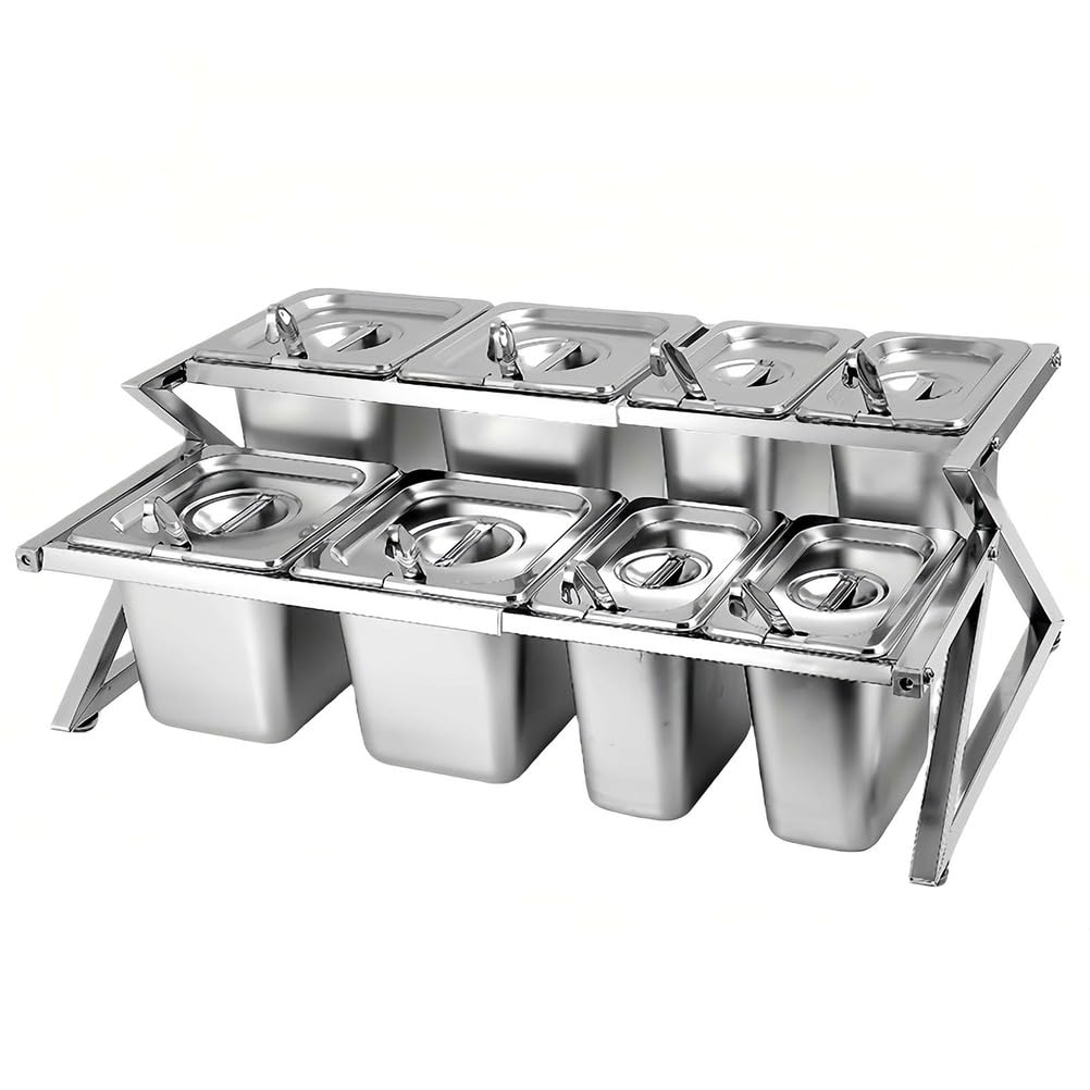 Aycdl Silver Spice Organizer - Double Layer Stainless Steel Storage Rack With Lids And Spoons For Efficient Ingredient Prep,-15