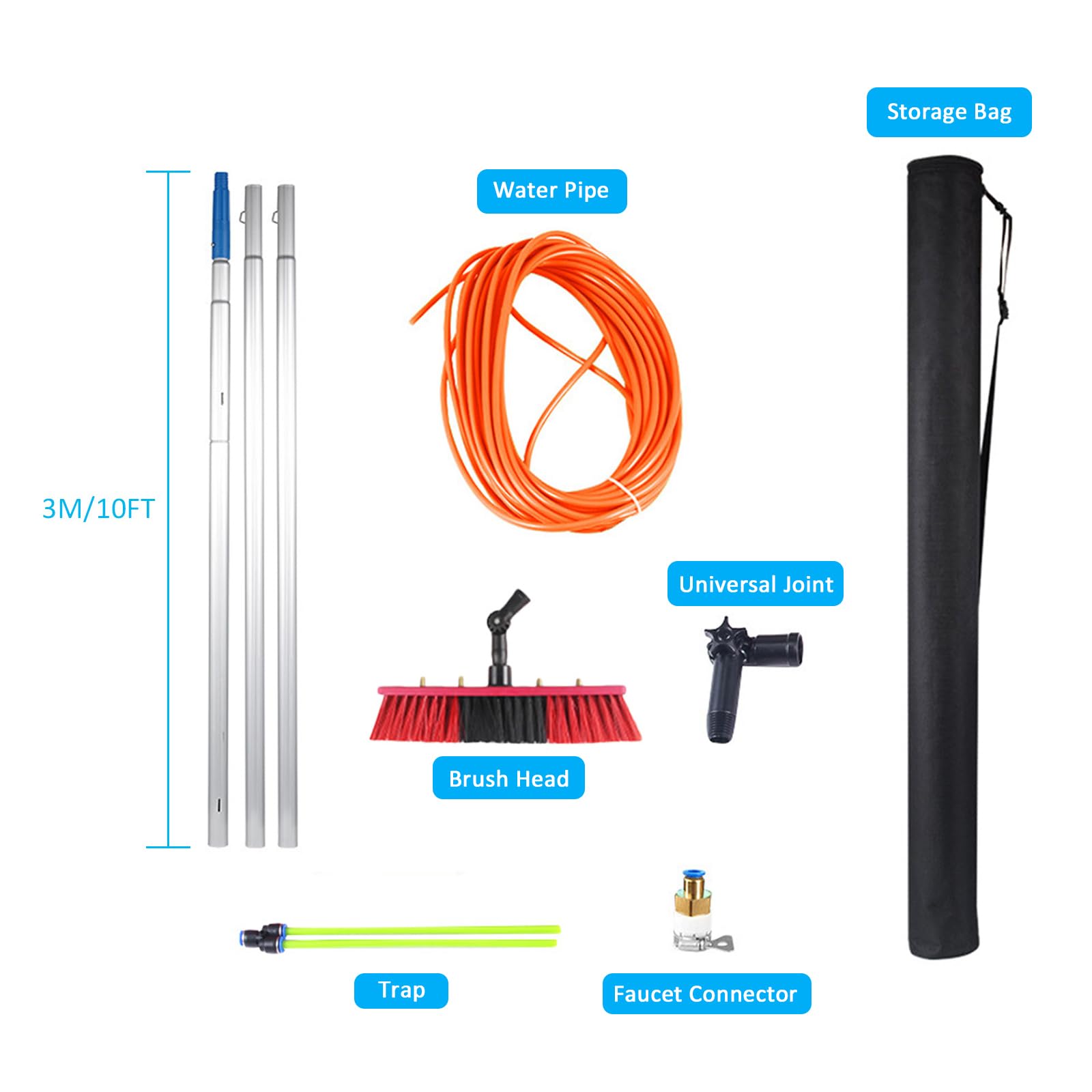 Kit de Limpieza de Paneles solares con pértiga de Agua, pértiga Ajustable de 5 a 12 m, Cepillo de 30 a 50 cm para Exteriores y Paneles solares. Sistema de Limpieza eficie