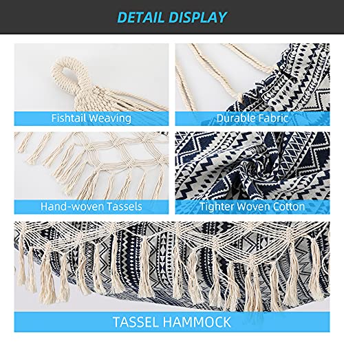 Garden Hammock with Tassels,2 Persons Indoor Hammocks with Portable Carry Bag Deluxe Macrame Fringe for Patio,Porch,Backyard,Beach,Outdoor and Inside Cotton Fabric, Up to 450Lbs (Blue-White) - Image 4