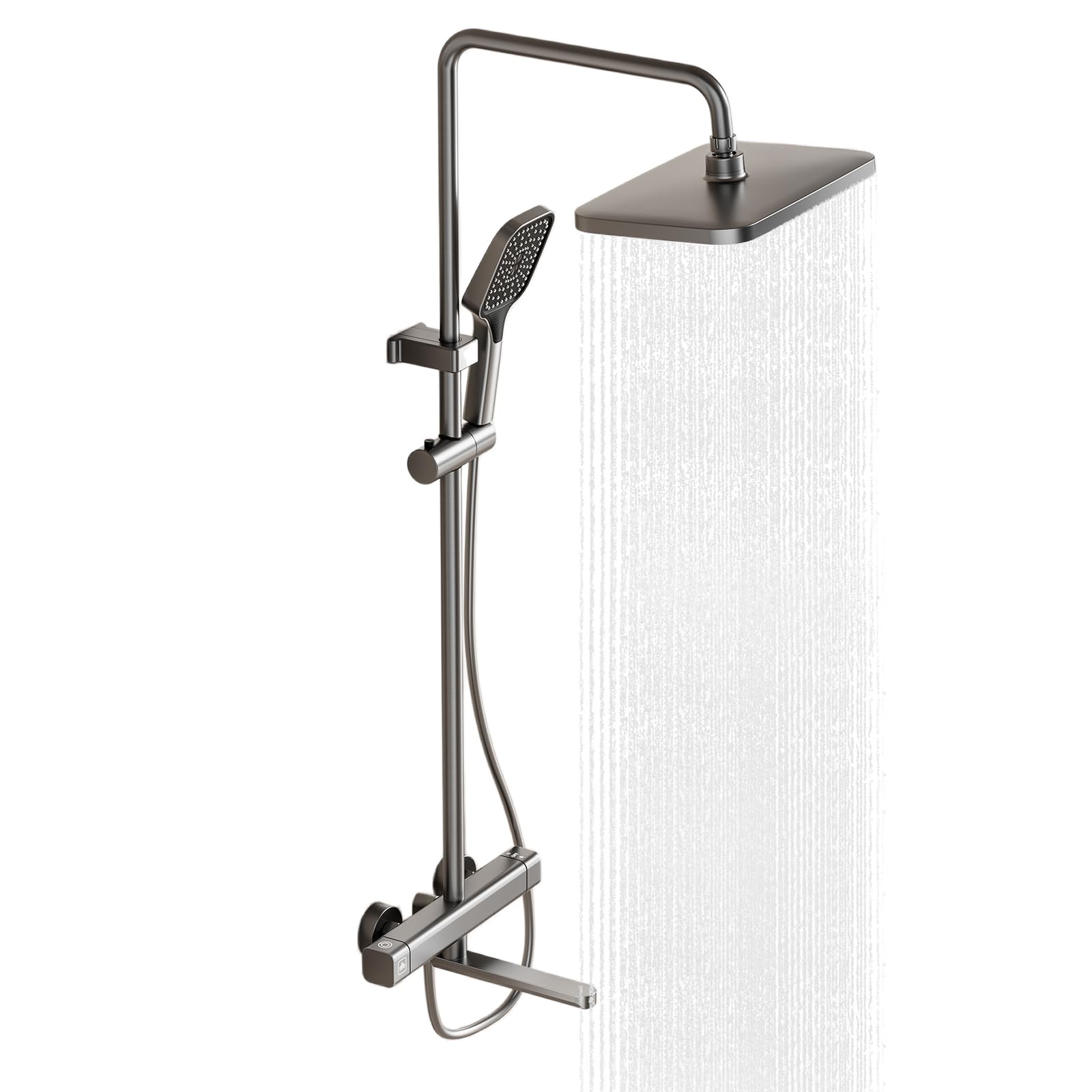 Thermostatic Shower Mixer Set with Adjustable Shower Riser Rail Kit (85–145 cm), Bathroom Shower System with Adjustable Square Rainfall Shower Head, Handheld Shower and 180° Swivel Spout