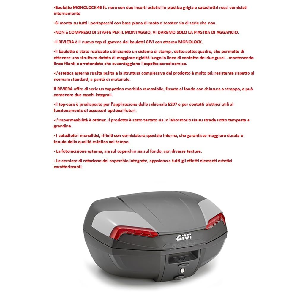 COMPATIBILE CON YAMAHA T-MAX 560 BAULETTO PER MOTO SCOOTER VALIGIA E46 RIVIERA TOP CASE MONOLOCK 46LT BAULE CON PIASTRA E KIT UNIVERSALE PER PORTAPACCHI POSTERIORE