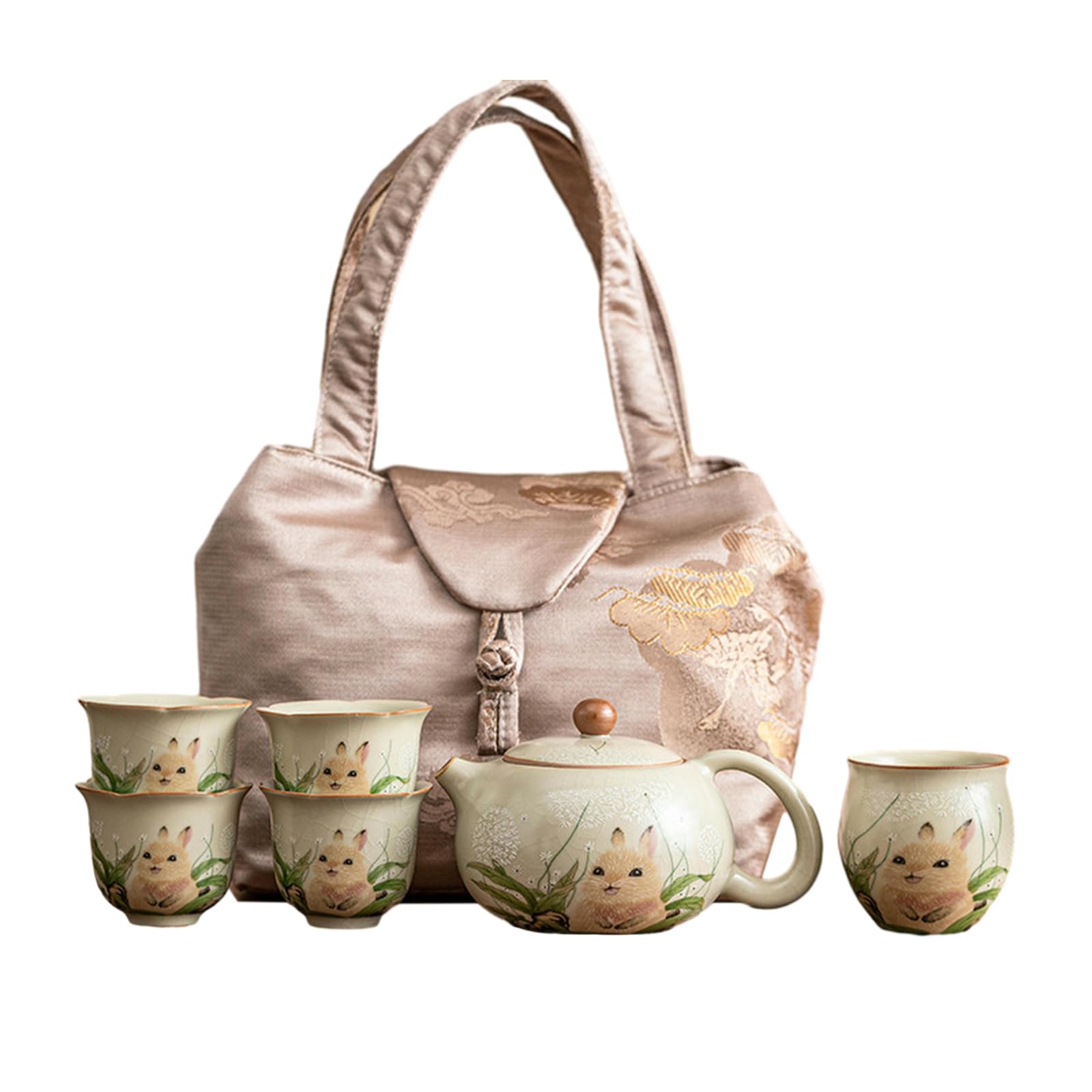 La apertura del horno Ru de 200 ml puede criar conejos Xishi, juego de tetera de cerámica para el hogar, 1 olla, 1 huevera, 4 tazas [bolsa de almacenamiento]