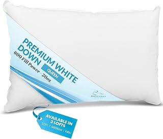 Goose Down Sleeping Pillow White 600 Fill Power with 400 Thread Count 100% Cotton for Couch, Side Sleeper, Travel & Bed Pillows - Queen Size Soft - Single Pack