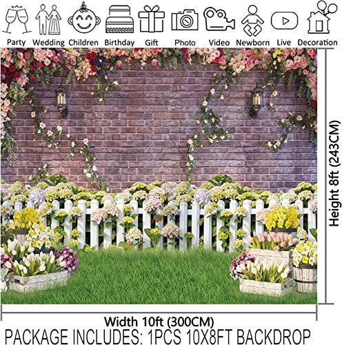 Swepuck 10X8Ft Fabric Easter Spring Garden Photography Backdrop Flower Fence Rose Pink Brick Wall Background Floral Kids Newborn Baby Portrait Photo Booth Props #TOP2