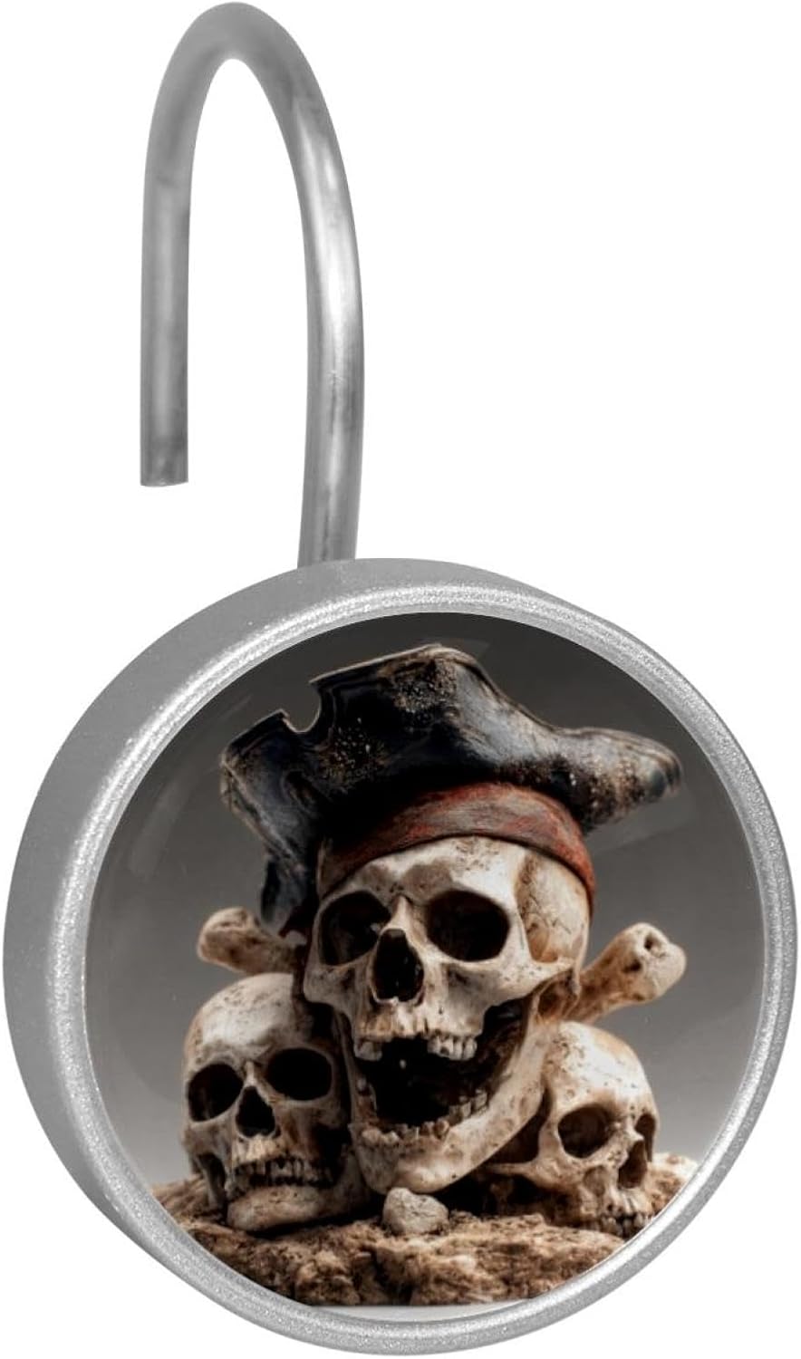 Pirate Skulls Bone (3) Round Crystal Glass Decorative Shower Curtain Hooks with 3D Pattern Visual, Rust Proof Shower Curtain Rings-12 Pack