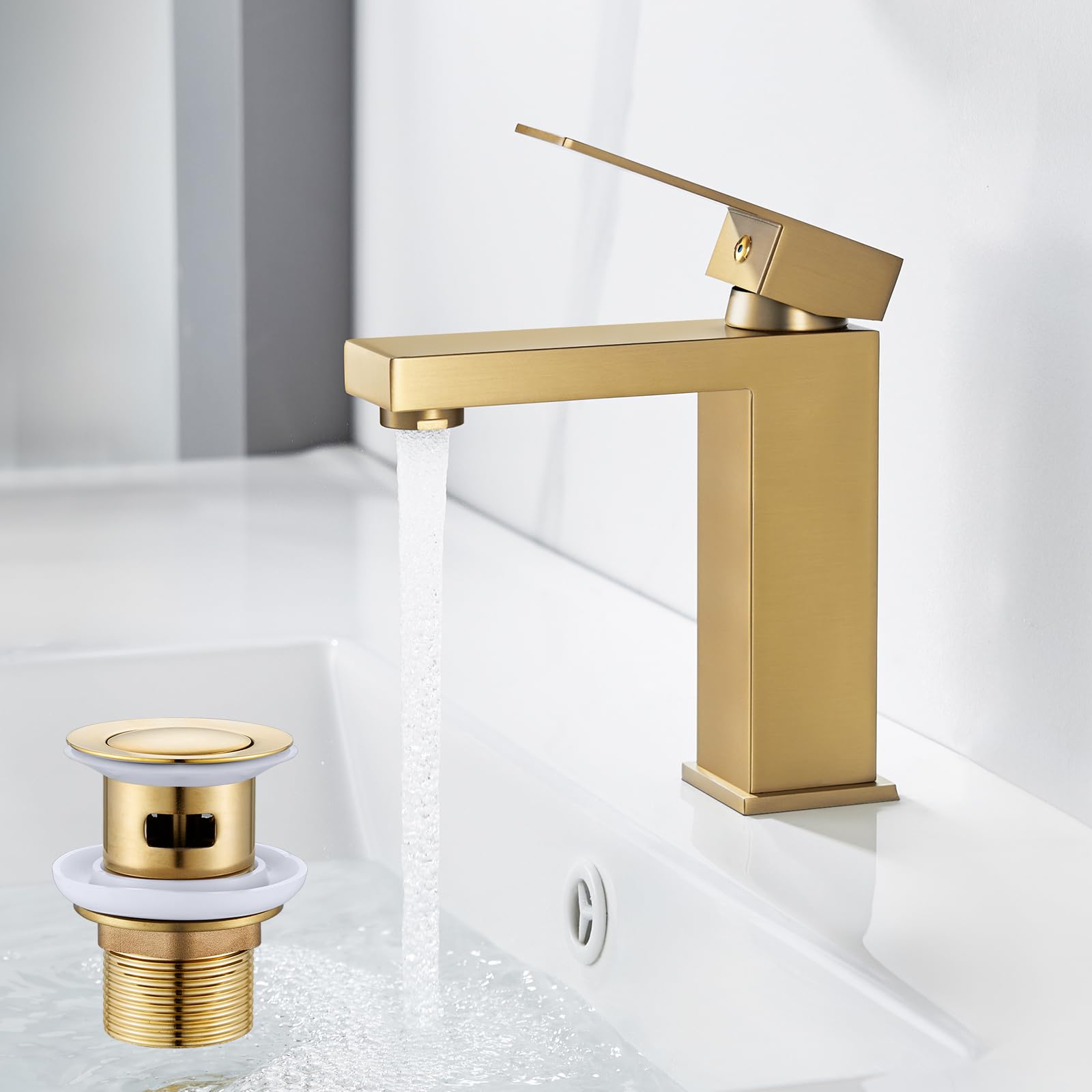 Grifo monomando dorado para lavabo con desagüe, monomando dorado, monomando para lavabo, con desagüe desplegable, mono-cuadrado