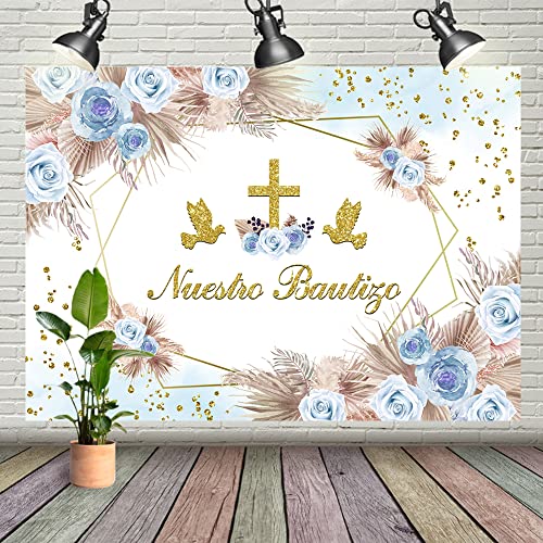 Wollmix 7x5ft Boho Mi Bautizo Backdrop for Boy Nuestro Bautizo Baptism God Bless First Holy Communion Background Blue Flower Golden Dots Photography Baby Shower Banner Party Decorations Supplies by Wollmix - Used condition - CA$18.76
