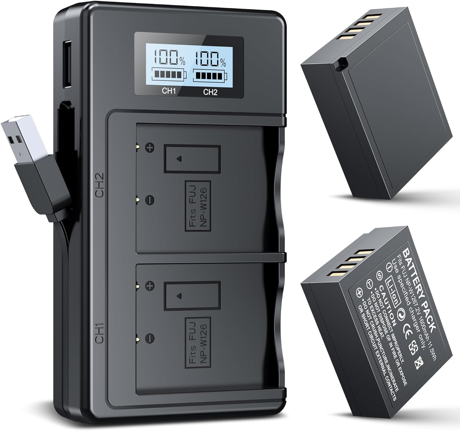 ZGZUN Battery Charger Set for NP-W126/NP-W126s Battery, 2 x 1600mAh, Fuji X100V/X100F/X-S10/X-T1/X-T2/X-T3/X-T10/X-T20/X-T30/X-T30 II/X-T100/X-T200/X-A5/X-A10/X-E3/X-E4/X-Pro2/X-Pro3