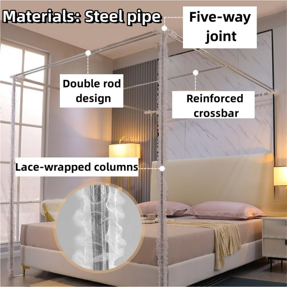 Double-Layer Bed Canopy, Floor Mosquito Net Mesh, Canopy Bed Curtains with Metal Frame, Luxurious Lace Princess Bed Canopy for Bedroom(Pink-2,59.1''W*78.7''L)
