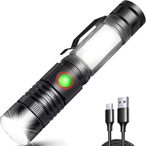 REHKITTZ Linterna LED 2000 Lúmenes Alta Potencia, 2500 mAh USB Recargable de Alta Capacidad, Linterna Ajustable y Portátil de Tamaño Bolsillo con Base Magnética y Luz de Trabajo COB(1 Pieza)