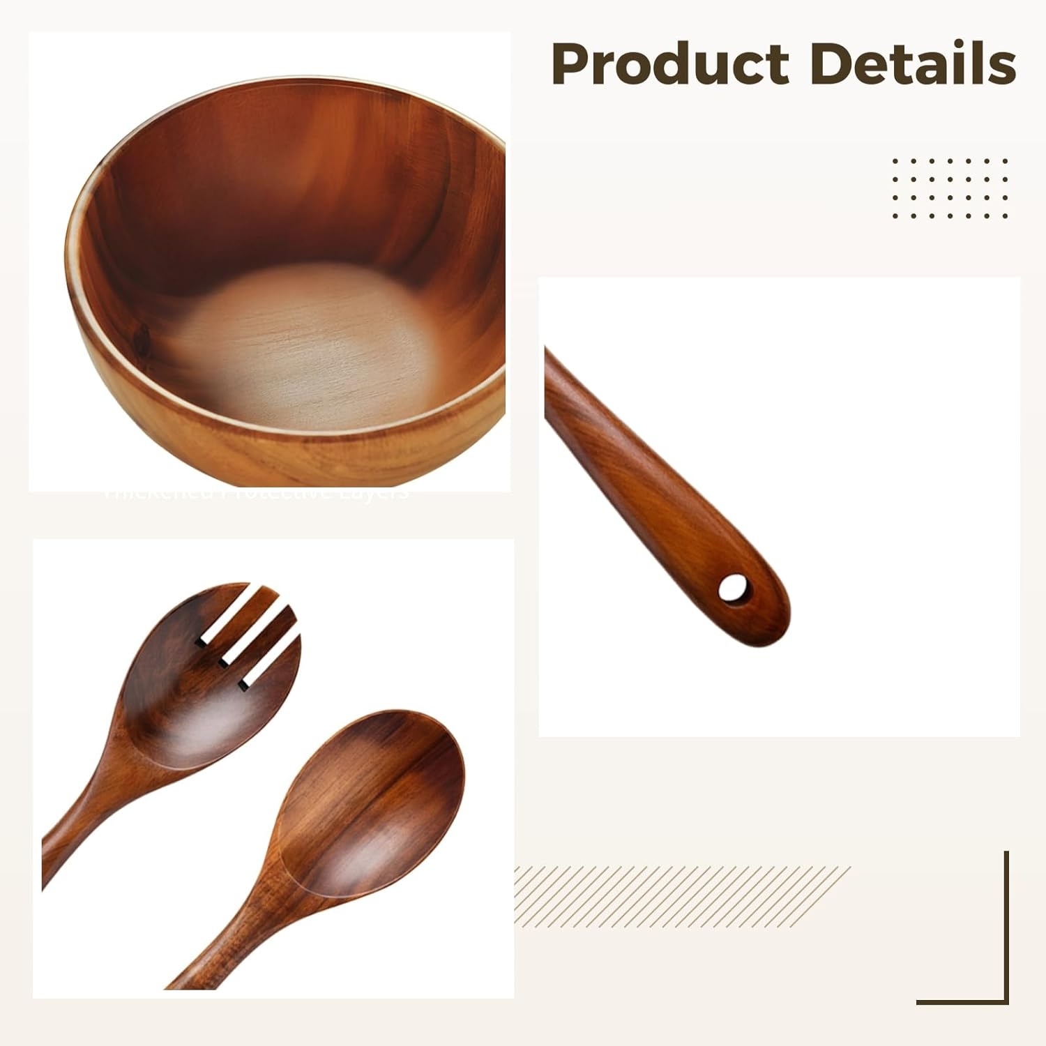 Large Salad Bowl Set, Wooden Serving Spoon and Fork, Includes Hanging Design, Easy to Clean, for Vegetables and Healthy Diets
