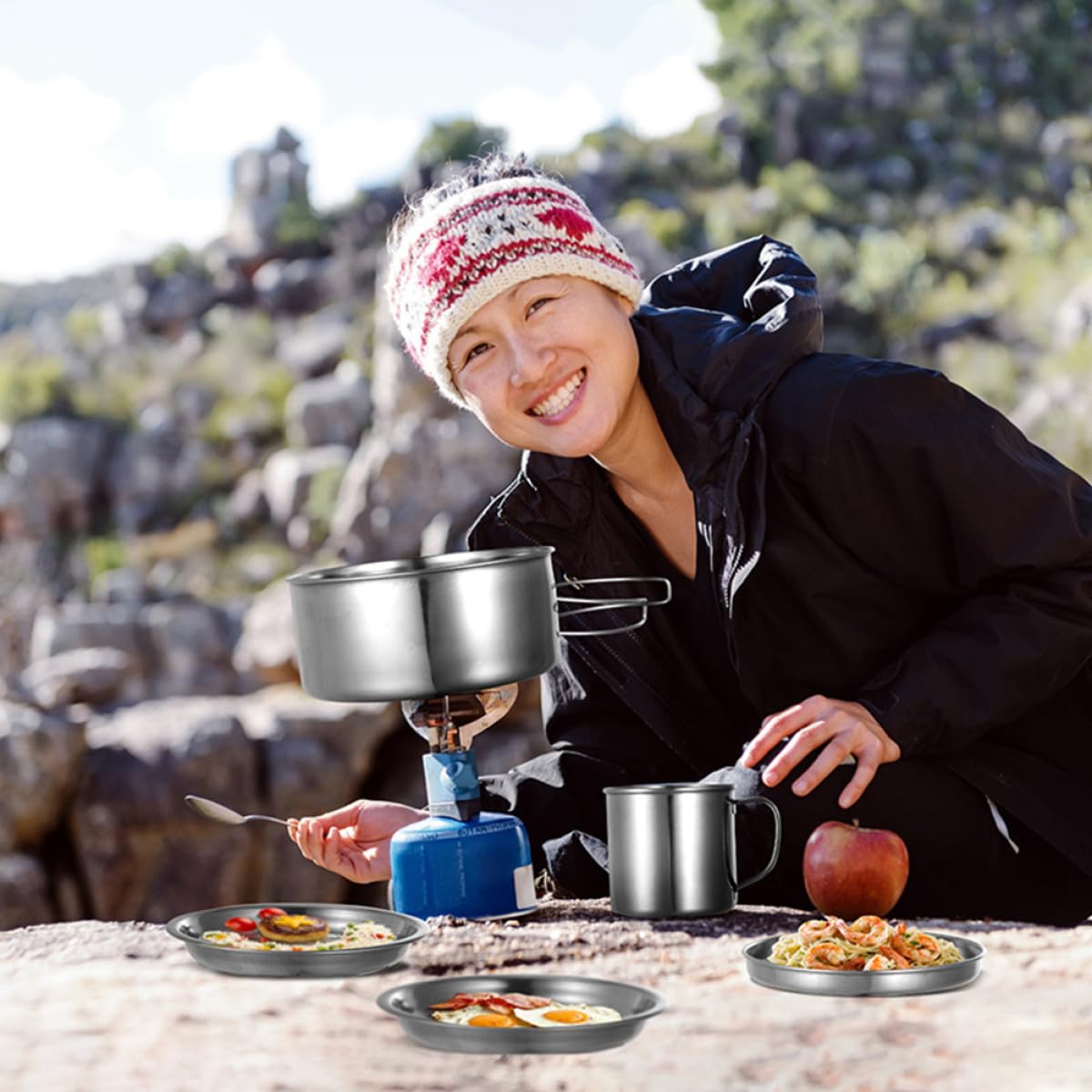 Tragbares mit Tasche aus Edelstahl Kochgeschirr Camping 8 Stück Verschleißfest und Praktisch beim Outdoor Kochen für Backpacker und Wanderer