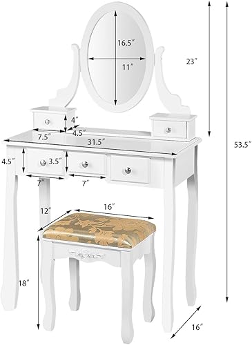 Miniatura 7 de CHARMAID Juego de mesa de tocador con espejo ovalado giratorio, mesa de maquillaje para dormitorio con 5 cajones para mujeres y niñas, tocador con