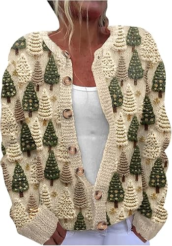 Cute Christmas Sweaters for Women,Ugly Christmas Sweater Women,Fall Winter Xmas Tree Print Button Up Christmas Cardigan