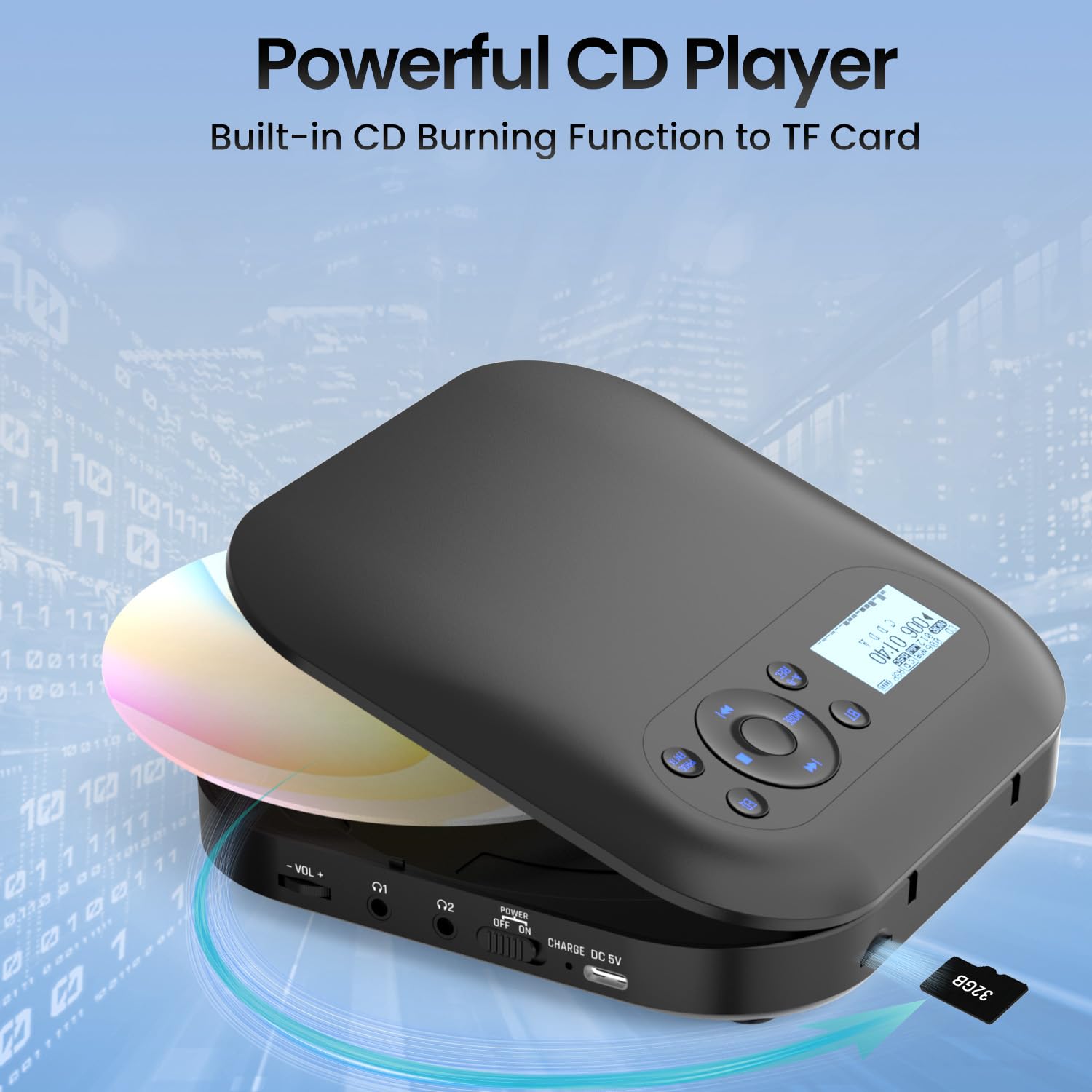 Reproductor CD Bluetooth, Reproductor de CD Recargables para Vehículos con FM,Discman CD Portatil para Dos Altavoces Estereofónicos, Anti-Skip