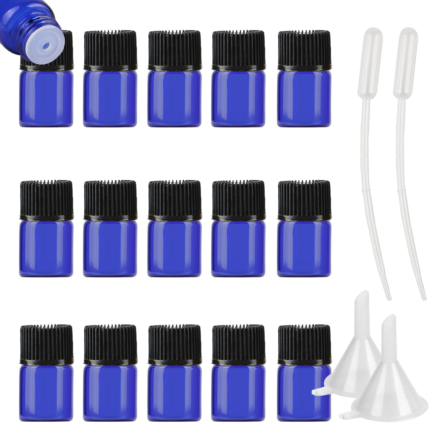 100 Pièces Mini Bouteilles Aromathérapie 2ml en Verre Bleu avec Orifice Réducteur, Flacon en Verre D'huile Essentielle Vides Flacon de Voyage