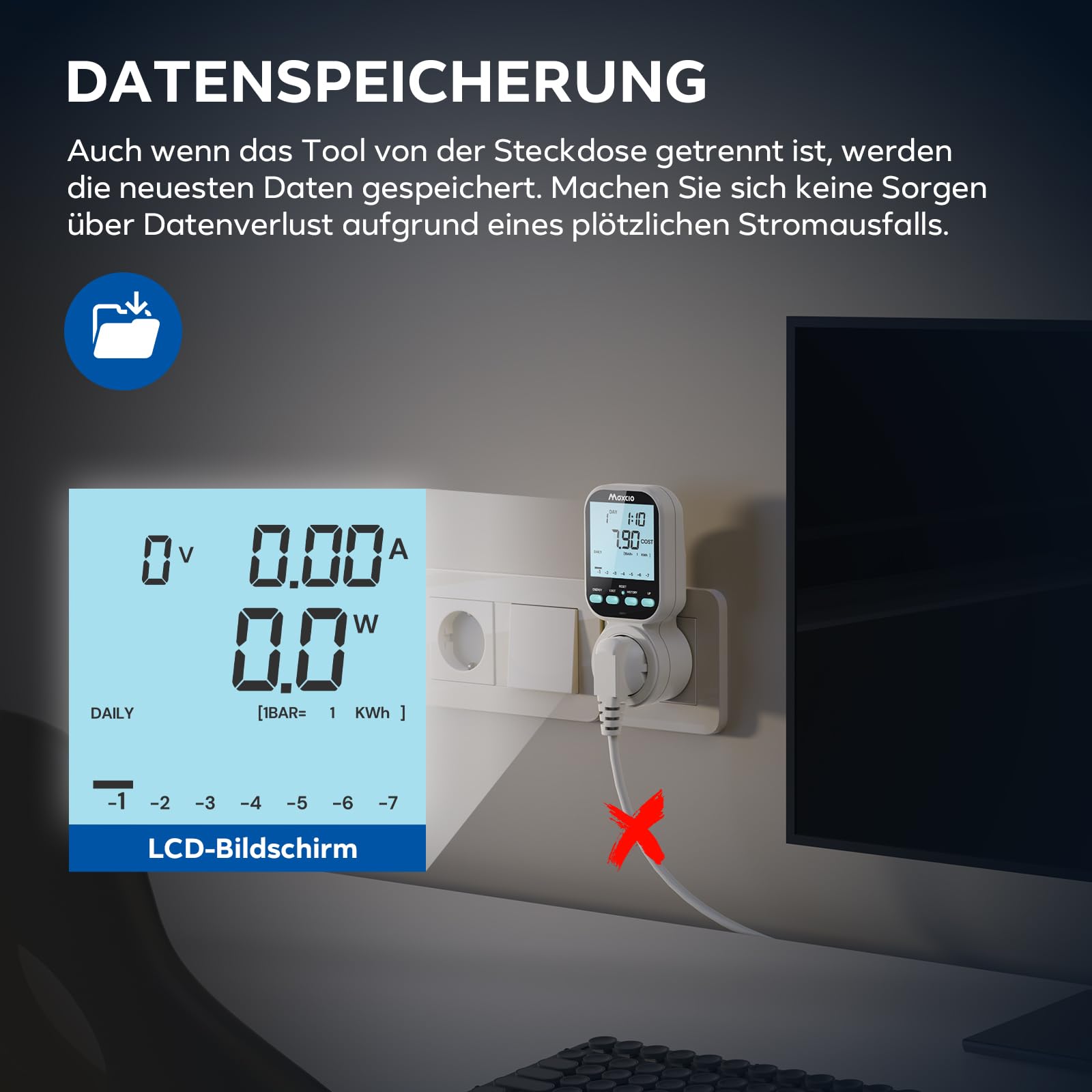 Presa Wattmetro, contatore elettrico digitale, Maxcio a 7 modalità, presa a risparmio energetico con display LCD retroilluminato, monitoraggio della potenza per grandi dispositivi