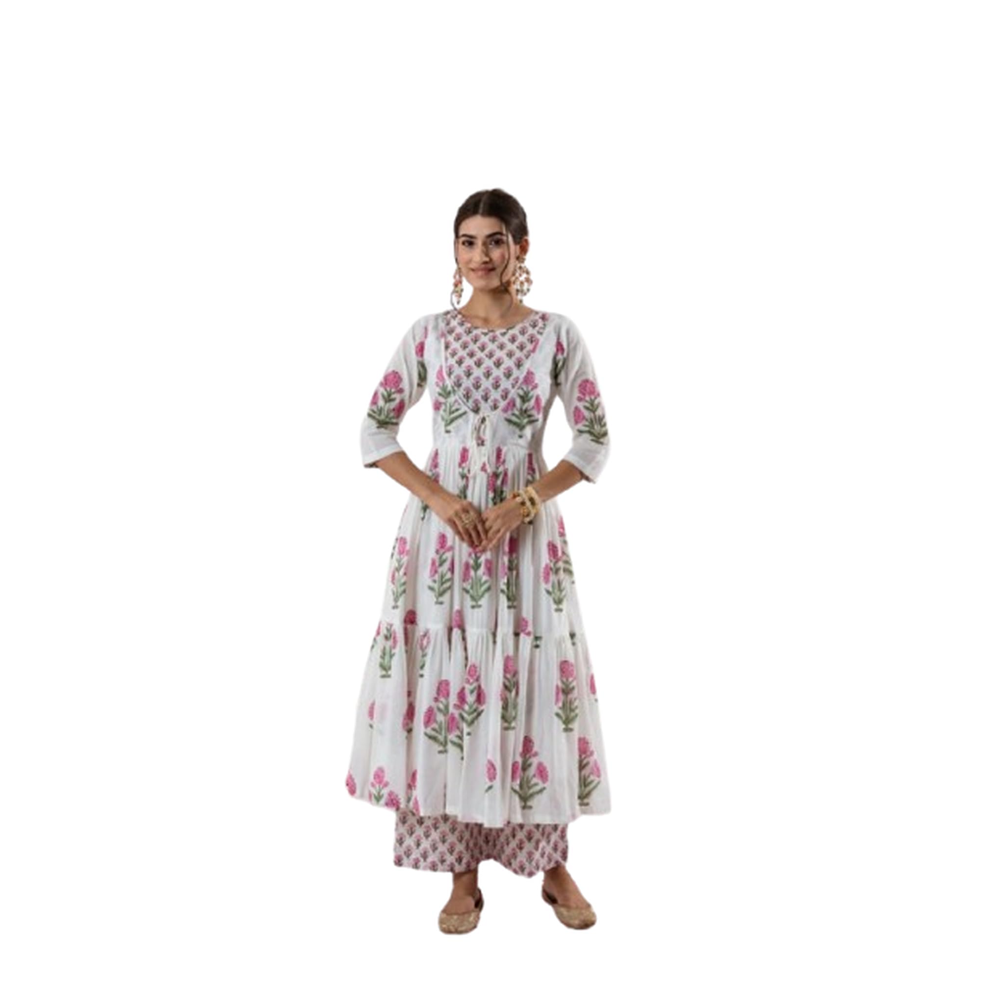 Floral Print Cotton Kurti Dress Set with Dupatta Long Length White and Pink M to 3XL