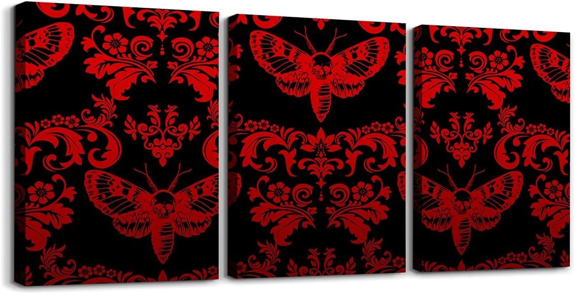 Erosebridal Gothic Framed Wall Decor For Bedroom Living Room Bathroom Black Red Moth Goth Canvas Wall Art Vintage Damask Boho Poster Prints 3 Pcs 12"X16",Victorian Bohemian Floral Animal Pictures