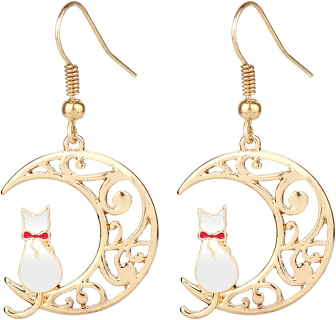coadipress Cat Moon Earrings for Women Gold Plated Cartoon Enamel White Black Sailor Moon Cat Earrings Animal Carved Crescent Moon Earrings Jewelry