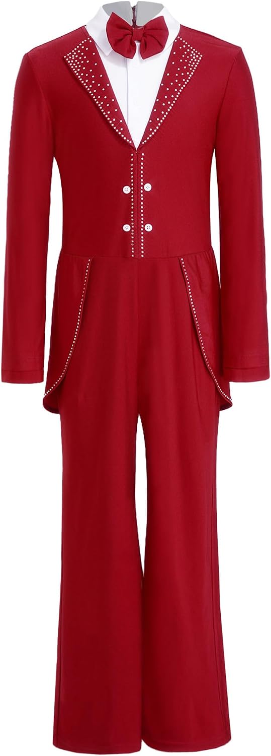 Kids Boys Figure Ice Skating Jumpsuit Outfit Full Body Dance One Piece Bow Tie Long Sleeve Formal Suit