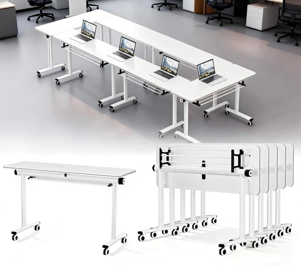 6Pack Commercial Folding Conference Table with Storage Shelf,Modern Meeting Table,Foldable Training Table with Wheels for Seminar,Classroom,Library,Training Center,Conference Room,Office